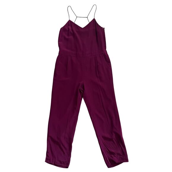 J Crew Silk Jumpsuit 8 Berry Strappy Purple Straight Leg V-Neck High Waist Chic - Picture 1 of 12